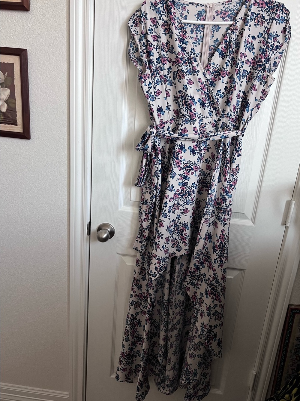 Floral White High-Low. Dress with Pink & Blue Blooms